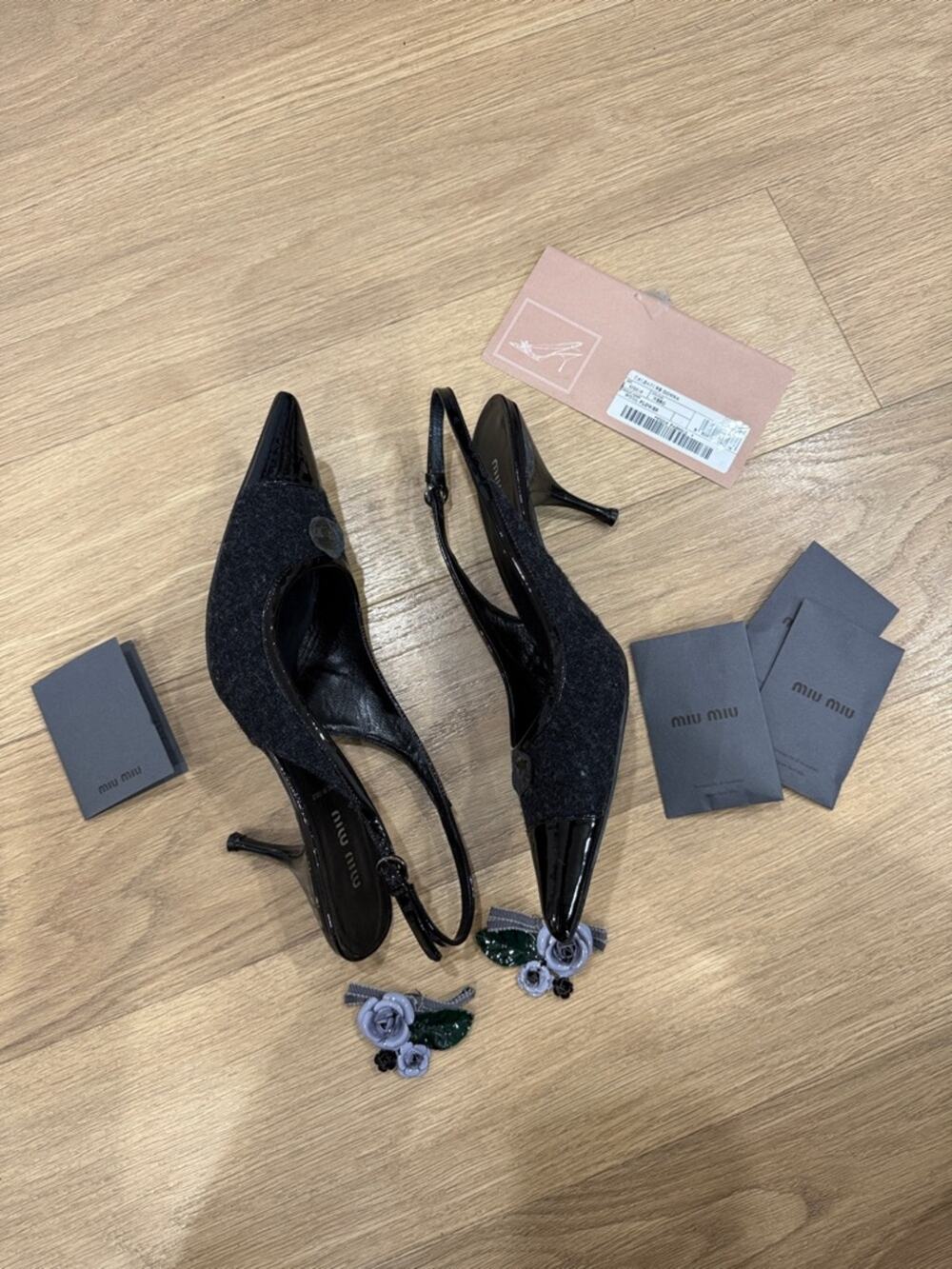 Miu Miu Black Pointed-Toe Slingback Heels with Floral Embellishment Size 9.5